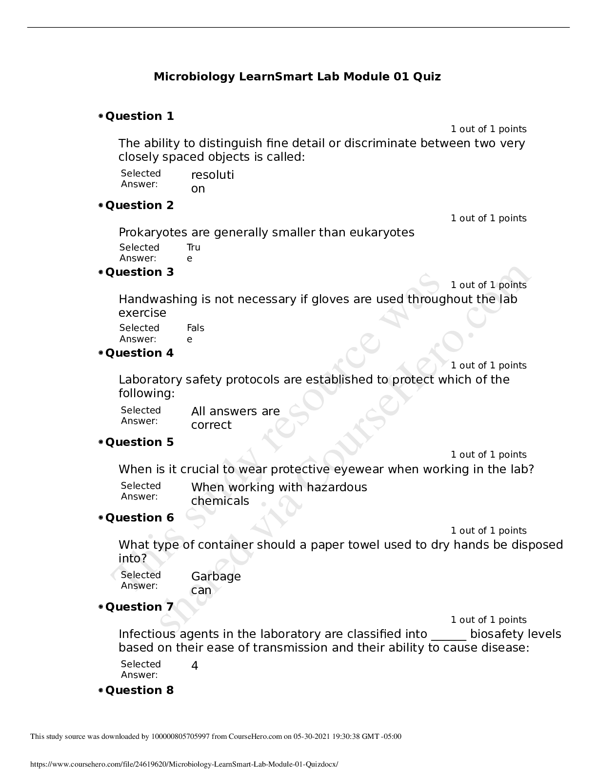 Preview of MCB 2289 Microbiology LearnSmart Lab Module 01 Quiz